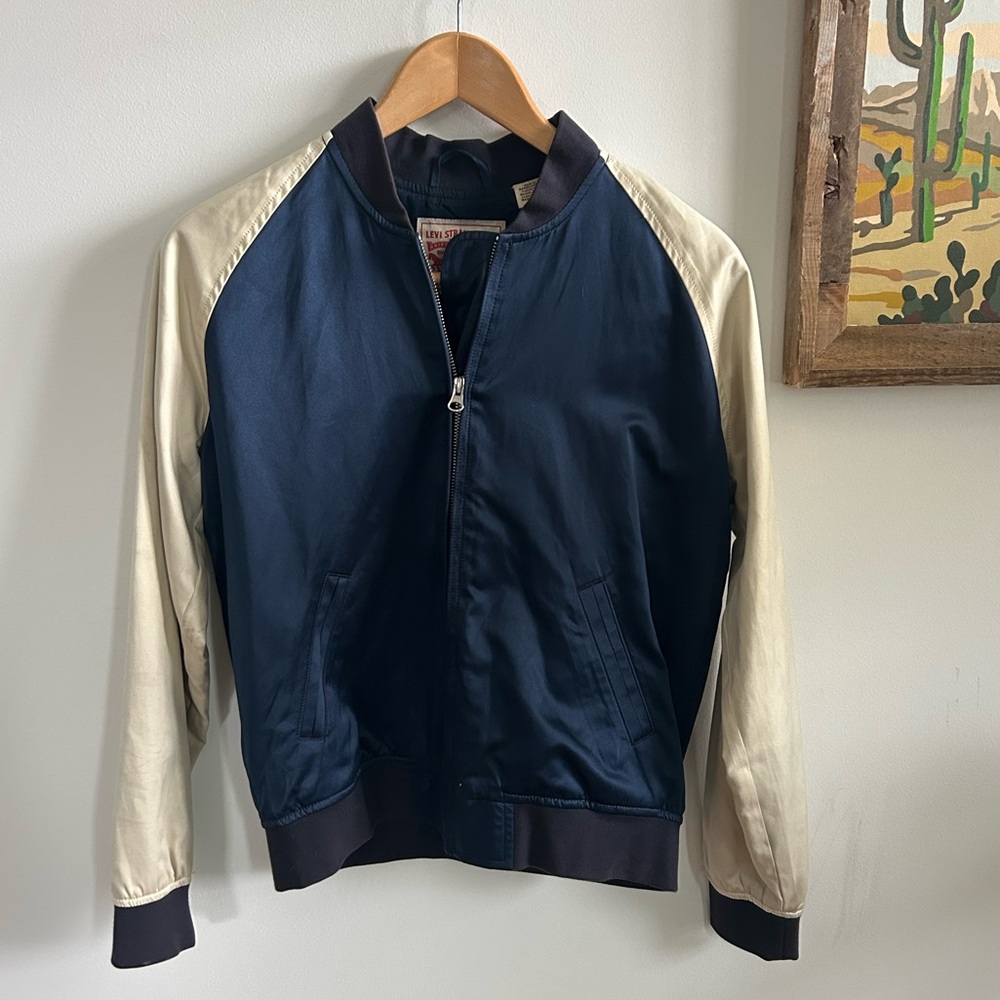 Levis Blue Ivory Satin Bomber Jacket X Small Small